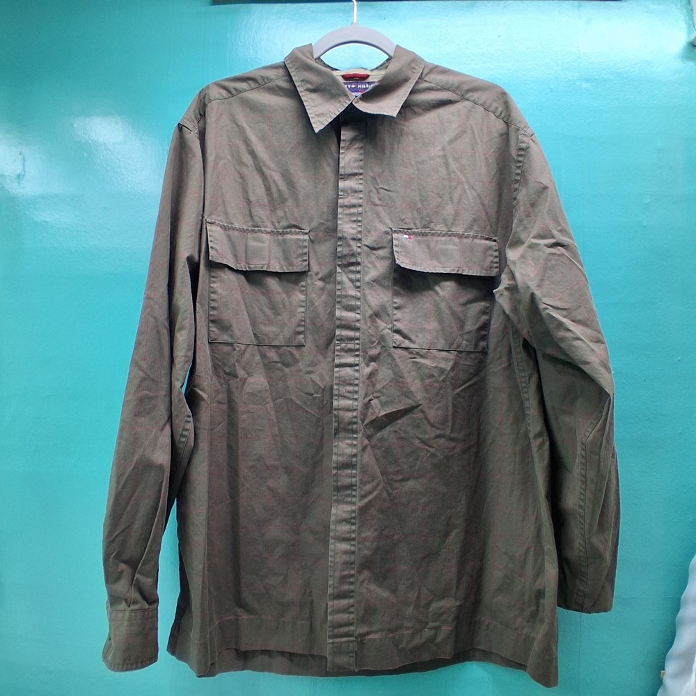 Tommy Hilfiger Button Down Shirt L Olive Green Windowpane Workwear Utility